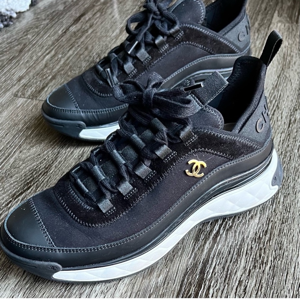 CHANEL Black Calfskin Mixed Fibers CC Sneakers size 39 (Brand New in Box)